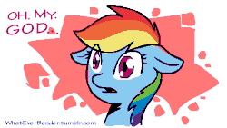 Size: 500x281 | Tagged: safe, artist:whateverbender, rainbow dash, pegasus, pony, animated, dialogue, english, explicit source, female, floppy ears, frame by frame, gasp, gif, oh my god, open mouth, reaction, reaction image, shocked, solo, squigglevision