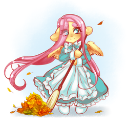 Size: 1024x1024 | Tagged: safe, artist:tolsticot, fluttershy, pegasus, semi-anthro, g4, arm hooves, broom, clothes, cute, dress, eye clipping through hair, female, floppy ears, maid, shyabetes, solo