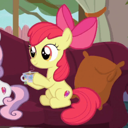 Size: 394x394 | Tagged: safe, screencap, apple bloom, sweetie belle, earth pony, pony, g4, the fault in our cutie marks, animated, cutie mark, drinking, female, food, gif, solo focus, tea, the cmc's cutie marks