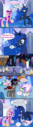 Size: 1470x5531 | Tagged: safe, artist:red4567, king sombra, princess cadance, princess flurry heart, princess luna, shining armor, alicorn, crystal pony, pony, unicorn, g4, armor, chains, colored sclera, comic, concave belly, crystal empire, dream, ethereal mane, evil flurry heart, female, filly, foal, green sclera, high res, hilarious in hindsight, hoof shoes, horn, horn cap, lying, male, mare, older, older flurry heart, ship:flurrybra, slender, sombra eyes, speech bubble, stallion, starry mane, thin, this will not end well, vector
