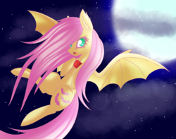 Size: 1900x1500 | Tagged: safe, artist:zephyrii, fluttershy, bat pony, pony, g4, female, flutterbat, flying, moon, night, race swap, solo