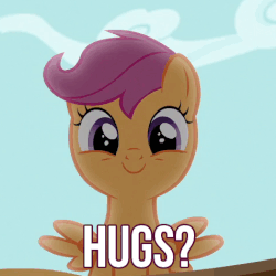 Size: 476x476 | Tagged: safe, edit, edited screencap, screencap, scootaloo, g4, the fault in our cutie marks, animated, blinking, bronybait, caption, cute, cutealoo, female, gif, hug request, solo