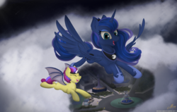 Size: 2732x1742 | Tagged: safe, artist:meze-diapason, princess luna, oc, oc:ebony crescent, bat pony, g4, bat pony oc, city, cloud, commission, duo, eyes closed, flying, full moon, happy, night sky, open mouth, scenery, shooting star, signature, stars