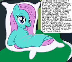 Size: 2960x2550 | Tagged: safe, artist:badumsquish, derpibooru exclusive, oc, oc only, oc:yastic, living dakimakura, object pony, original species, pony, g4, bed, blanket, body pillow, dialogue, female, high res, lidded eyes, looking at you, mare, philosophy, philosophy in the comments, pillow, pillow talk, ponified, pun, smiling, solo, speech bubble, talking to viewer, visual pun