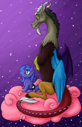 Size: 413x638 | Tagged: safe, artist:rex-draco, discord, princess luna, g4, cloud, cotton candy, cotton candy cloud, filly, food, stars, woona, younger