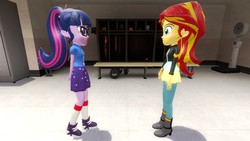 Size: 1360x768 | Tagged: safe, artist:mk513, sci-twi, sunset shimmer, twilight sparkle, equestria girls, g4, my little pony equestria girls: legend of everfree, 3d, alternate clothes, alternate hairstyle, female, glasses, gmod, lesbian, ship:sci-twishimmer, ship:sunsetsparkle, shipping