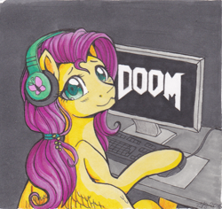 Size: 1226x1158 | Tagged: safe, artist:nothingspecialx9, fluttershy, pegasus, pony, g4, :3, colored pupils, computer, cute, doom, doom 2016, female, gamer, headphones, keyboard, looking at you, shyabetes, smiling, solo, this will end in tears