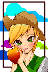 Size: 2322x3432 | Tagged: safe, artist:nyamnyam2, applejack, human, g4, apple, female, food, high res, humanized, looking at you, solo