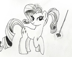 Size: 555x443 | Tagged: safe, artist:slasher0001, rarity, g4, female, fencing, magic, monochrome, solo, sword, weapon