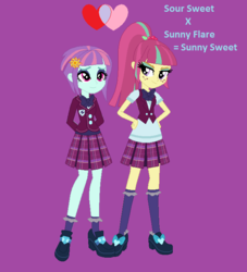 Size: 632x695 | Tagged: safe, artist:littleb-rockstar13, sour sweet, sunny flare, equestria girls, g4, female, lesbian, purple background, shipping, simple background, sourflare