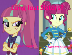 Size: 930x717 | Tagged: safe, artist:littleb-rockstar13, majorette, sour sweet, sweeten sour, equestria girls, g4, fanon, headcanon, long lost sisters, long lost twins, similarities, sisters, sweetly and sourly