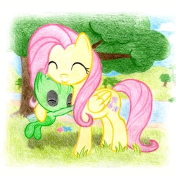 Size: 2172x2172 | Tagged: safe, artist:michiito, fluttershy, celebi, g4, crossover, cute, female, high res, hug, pixiv, pokémon, solo, traditional art