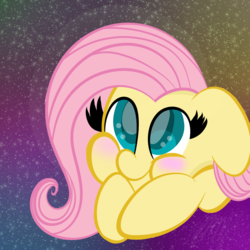 Size: 894x894 | Tagged: safe, artist:tommy-taco, fluttershy, pegasus, pony, g4, abstract background, blush sticker, blushing, cute, digital art, female, looking at you, looking up, mare, puffy cheeks, shyabetes, solo, stars, wide eyes