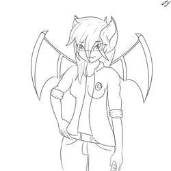 Size: 1500x1500 | Tagged: safe, artist:eclipsepenumbra, oc, oc only, oc:eclipse penumbra, bat pony, anthro, anthro oc, bat pony oc, bat wings, clothes, cutie mark, cutie mark on clothes, fangs, lineart, looking at you, monochrome, redraw, smiling, solo, wings