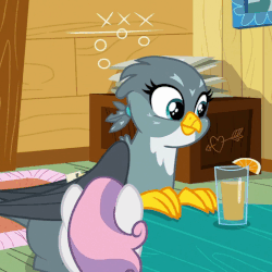 Size: 524x524 | Tagged: safe, screencap, gabby, scootaloo, sweetie belle, griffon, g4, the fault in our cutie marks, animated, cute, drinking, eyes closed, female, food, gabbybetes, gif, juice, orange, orange juice, solo focus