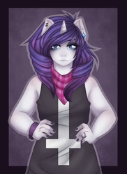 Size: 536x737 | Tagged: safe, artist:rainbowhitter, rarity, anthro, g4, bracelet, clothes, cross of st peter, ear piercing, earring, emo, eyelashes, female, inverted cross, jewelry, nail polish, piercing, ring, scarf, shirt, solo