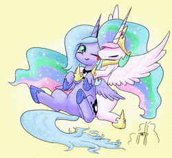 Size: 1296x1200 | Tagged: safe, artist:phoenixperegrine, princess celestia, princess luna, g4, hug, licking, royal sisters, s1 luna, spread wings, tongue out