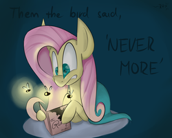 Size: 3847x3091 | Tagged: safe, artist:ratann, fluttershy, firefly (insect), g4, blanket, book, edgar allan poe, female, high res, looking at something, lying down, nevermore, reading, scared, solo, the raven, wide eyes