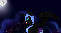 Size: 1024x555 | Tagged: safe, artist:antares99, nightmare moon, g4, female, moon, night, solo, spread wings, stars