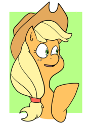 Size: 553x770 | Tagged: safe, artist:flamingaro, applejack, g4, bust, female, looking at something, looking away, portrait, raised hoof, solo, talking