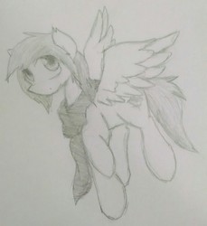Size: 2432x2659 | Tagged: safe, artist:candel, oc, oc only, oc:candlelight, pegasus, pony, clothes, cute, flying, grayscale, high res, looking at you, monochrome, scarf, sketch, solo, traditional art