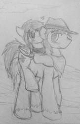 Size: 2432x3755 | Tagged: safe, artist:candel, oc, oc only, oc:candlelight, oc:wanderheart, pony, blushing, clothes, cowboy hat, cute, gay, hat, heart, high res, male, monochrome, neckerchief, piggyback ride, riding, scarf, shipping, size difference, sketch, smiling, traditional art, unshorn fetlocks