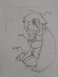 Size: 2432x3234 | Tagged: safe, artist:candel, oc, oc only, oc:candlelight, pony, blanket, clothes, food, high res, monochrome, rain, runny nose, scarf, sick, sketch, solo, soup, tissue, tissue box, traditional art, window