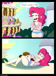 Size: 1400x1900 | Tagged: safe, artist:tralalayla, pinkie pie, human, g4, mmmystery on the friendship express, season 2, bbw, belly, belly button, breasts, busty pinkie pie, cake, clothes, fat, female, food, humanized, pudgy pie, scene interpretation, shorts, solo, stuffed, weight gain