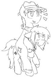 Size: 1505x2197 | Tagged: safe, artist:candel, oc, oc only, oc:candlelight, oc:wanderheart, pony, clothes, cowboy hat, happy, hat, monochrome, neckerchief, piggyback ride, scarf, shaking, size difference, sketch, straining