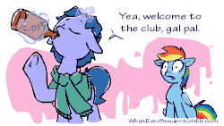 Size: 500x281 | Tagged: safe, artist:whateverbender, rainbow dash, oc, oc:bender watt, g4, alcohol, animated, bottle, cider, clothes, dialogue, drinking, explicit source, floppy ears, frame by frame, gif, magic, open mouth, raised hoof, rick and morty, shock, something ricked this way comes, squigglevision, sweater, telekinesis
