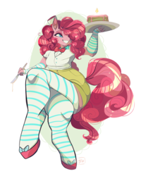 Size: 1280x1597 | Tagged: safe, artist:clockworkquartet, pinkie pie, earth pony, anthro, unguligrade anthro, g4, clothes, female, smiling, socks, solo, striped socks, waitress