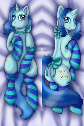 Size: 853x1280 | Tagged: safe, artist:fishiewishes, oc, oc only, oc:fishie wishes, pony, unicorn, body pillow, body pillow design, butt, clothes, female, from above, plot, rear view, ribbon, sheet, socks, solo, striped socks