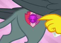 Size: 1445x1029 | Tagged: safe, edit, edited screencap, screencap, gabby, griffon, g4, the fault in our cutie marks, butt, cutie mark, plot, pointing