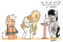 Size: 2177x1477 | Tagged: safe, artist:bobthedalek, beauty brass, frederic horseshoepin, octavia melody, earth pony, pony, g4, backwards cutie mark, baton, female, keyboard, male, mare, musical instrument, sousaphone, stallion, traditional art, trio, unamused