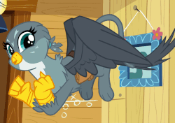Size: 704x497 | Tagged: safe, screencap, gabby, griffon, g4, the fault in our cutie marks, animated, butt shake, cute, female, floating, gabbybetes, gif, lantern, mailbag, painting, solo