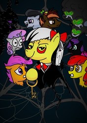 Size: 1240x1754 | Tagged: safe, artist:blue-woad, apple bloom, button mash, rumble, scootaloo, sweetie belle, oc, oc:carnival cat, oc:nyx, oc:sludge, alicorn, pony, g4, alicorn oc, key, spider web