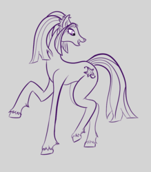 Size: 788x899 | Tagged: safe, artist:marchiedraws, aria blaze, earth pony, pony, equestria girls, g4, earth pony aria blaze, equestria girls ponified, female, lineart, monochrome, newbie artist training grounds, optn smile, ponified, raised hoof, solo, turned head, unshorn fetlocks