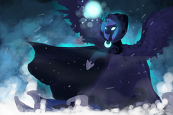 Size: 6000x4000 | Tagged: dead source, safe, artist:fayfafaya002, princess luna, spirit of hearth's warming yet to come, alicorn, pony, g4, absurd resolution, blizzard, cloak, clothes, female, glowing eyes, magic, snow, snowfall, solo