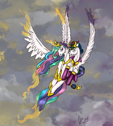 Size: 2797x3136 | Tagged: safe, artist:italysky, idw, princess celestia, g4, reflections, spoiler:comic, cloud, dark mirror universe, evil celestia, evil counterpart, fight, fire, flying, frown, gritted teeth, high res, mirror universe, self paradox, singed