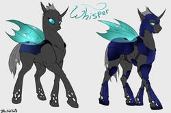 Size: 1280x843 | Tagged: dead source, safe, artist:backlash91, oc, oc only, oc:whisper, changeling, fallout equestria, fanfic:fallout equestria: the chrysalis, armor, fanfic art, female, helmet, solo