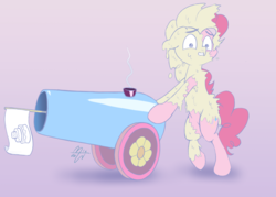 Size: 1280x914 | Tagged: safe, artist:malwinters, pinkie pie, g4, batter, cake, female, flag, food, misfire, newbie artist training grounds, party cannon, solo