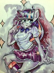 Size: 600x800 | Tagged: safe, artist:onat, part of a set, twilight sparkle, anthro, equestria girls, g4, boots, clothes, equestria girls outfit, female, glasses, irl, paper, photo, pinup, pleated skirt, shoes, skirt, socks, solo, thighs, traditional art, watercolor painting, wip