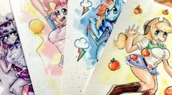 Size: 600x330 | Tagged: safe, artist:onat, applejack, pinkie pie, rainbow dash, twilight sparkle, hybrid, anthro, equestria girls, g4, apple, boots, bracelet, breasts, busty applejack, busty pinkie pie, busty rainbow dash, busty twilight sparkle, clothes, compression shorts, cowboy hat, cutie mark, denim skirt, equestria girls outfit, female, food, glasses, hat, irl, jewelry, miniskirt, paper, photo, pinup, pleated skirt, shoes, shorts, skirt, socks, stetson, table, thighs, traditional art, twilight sparkle (alicorn), watercolor painting, wip