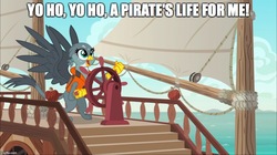 Size: 888x499 | Tagged: safe, edit, edited screencap, screencap, gabby, griffon, g4, the fault in our cutie marks, boat, female, gabby's shanty, image macro, meme, ocean, pirates of the caribbean, ship, solo, song reference