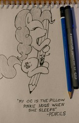 Size: 825x1280 | Tagged: safe, artist:fuchsian milk, pinkie pie, g4, cuddling, female, pencil, pencil drawing, quote, sleeping, snuggling, solo, traditional art