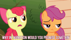 Size: 768x432 | Tagged: safe, edit, edited screencap, screencap, apple bloom, scootaloo, g4, the fault in our cutie marks, animated, caption, feels, female, gif, scootaloo can't fly