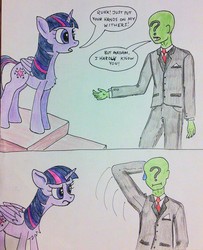 Size: 1492x1834 | Tagged: safe, anonymous artist, twilight sparkle, oc, oc:anon, alicorn, human, pony, g4, 4chan, colored, drawthread, duo, embarrassed, funny, look of disapproval, simple background, twilight sparkle (alicorn)