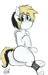 Size: 2300x3600 | Tagged: safe, artist:click-theoriginal, artist:clicknano, oc, oc only, oc:whiteout, pegasus, pony, blank flank, butt, chest fluff, female, fishnet stockings, high res, looking at you, mare, plot, simple background, white background