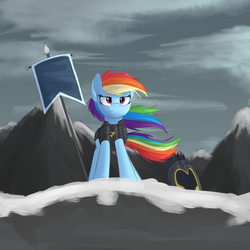 Size: 2000x2000 | Tagged: safe, artist:vanillaghosties, commander hurricane, rainbow dash, pegasus, pony, g4, armor, banner, cloud, determined, female, flag, frown, guard, helmet, high res, mare, mountain, outdoors, sky, snow, solo, wind, windswept mane, winter