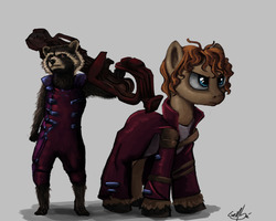 Size: 1024x818 | Tagged: safe, artist:genbulein, oc, oc:heartbreak, earth pony, pony, raccoon, bipedal, branding, brown eyes, clothes, cosplay, costume, crossover, cyan eyes, duo, female, guardians of the galaxy, gun, heart, human in equestria, human to pony, male to female, mare, messy mane, my little heartbreak, rocket raccoon, rule 63, serious face, star-lord, weapon